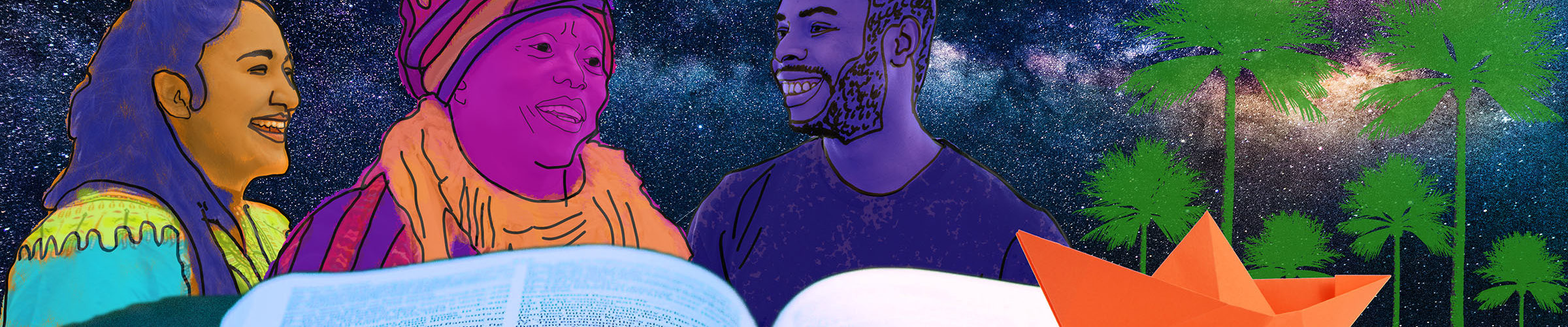 book with paper boat palm trees comic sky and three people telling stories