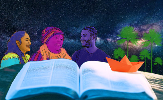 book with paper boat palm trees comic sky and three people telling stories