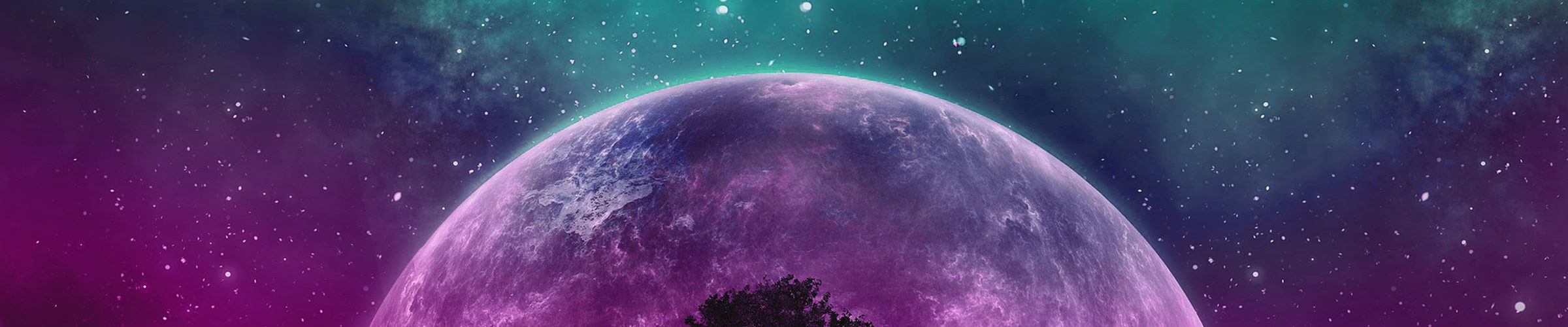 illustration of silhouette of tree agains cosmic sky and planet