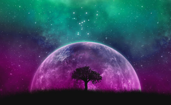 illustration of silhouette of tree agains cosmic sky and planet