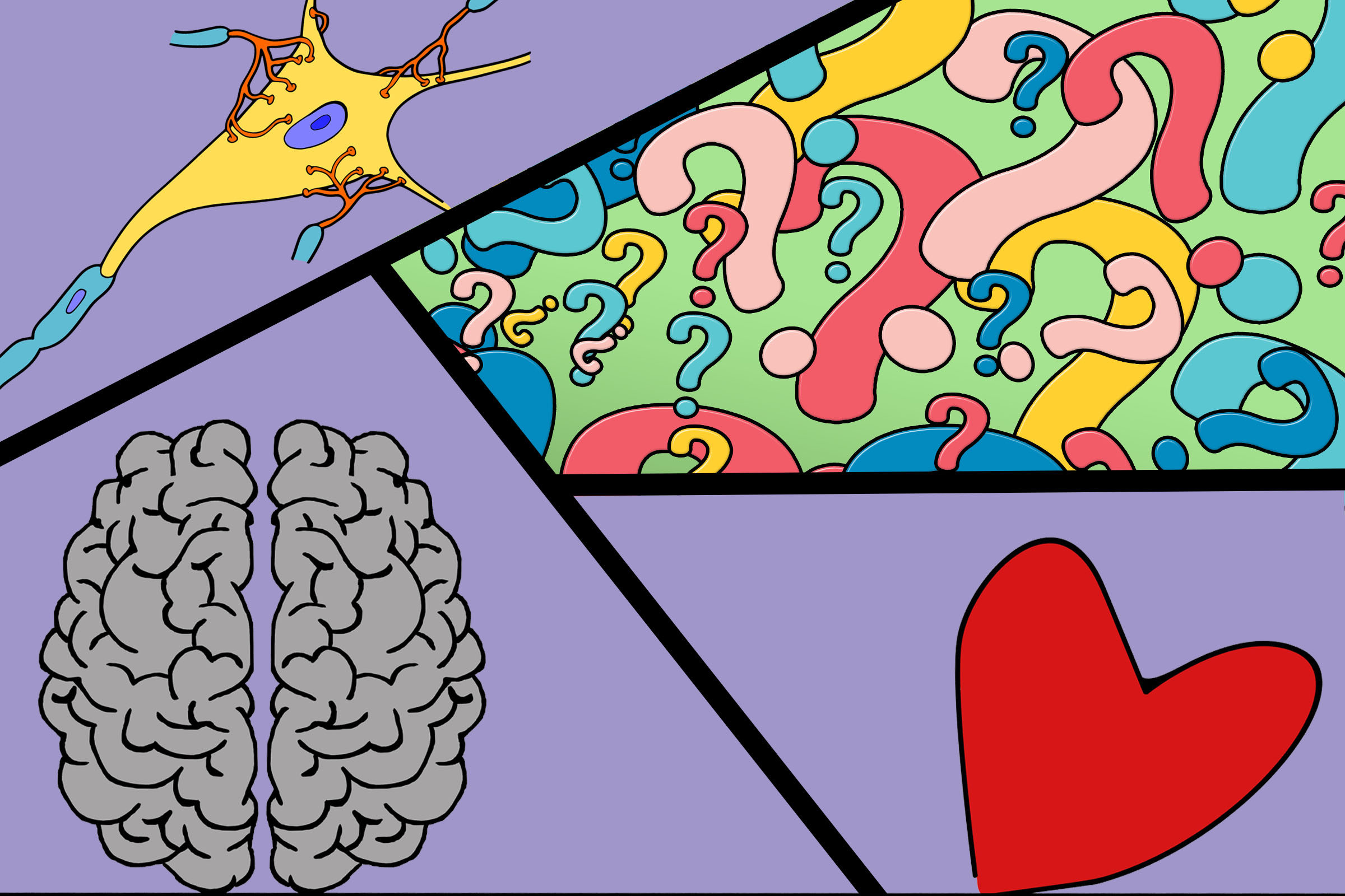 illustration of heart, neuron, brain and question marks