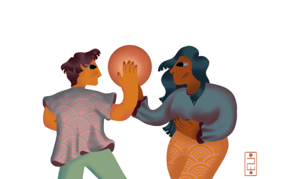 Illustration of man and woman holding a ball