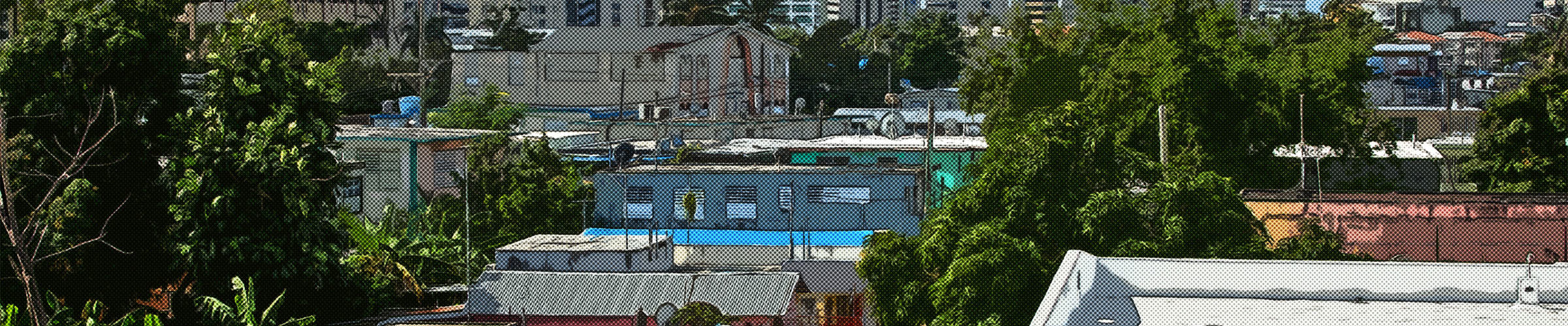 Photo illustration of underserved Neighborhood with banking buildings behind