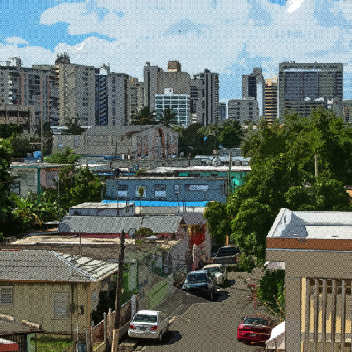 Photo illustration of underserved Neighborhood with banking buildings behind
