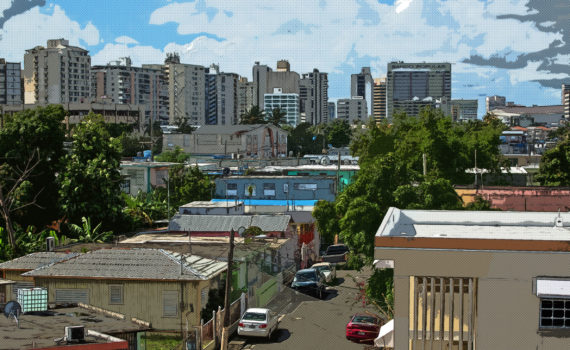 Photo illustration of underserved Neighborhood with banking buildings behind